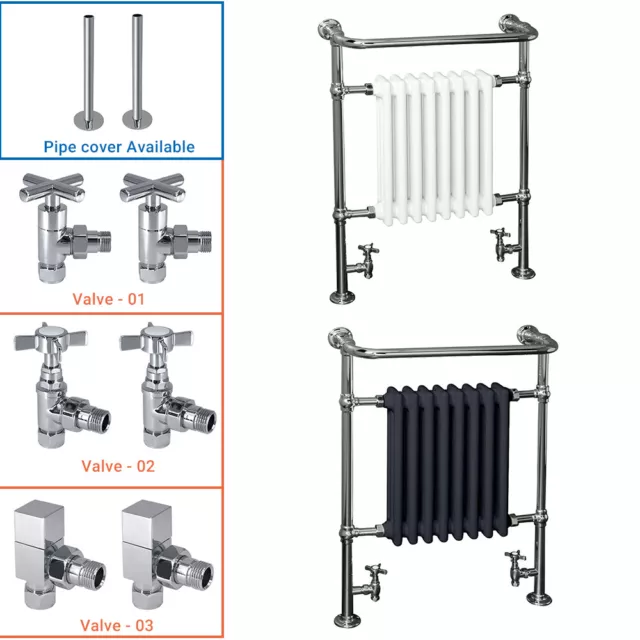 Traditional Victorian Towel Radiator Chrome White Grey Pipe cover Valves Option