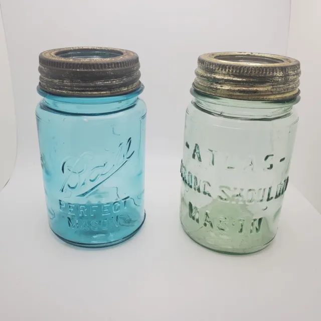 Ball Blue Glass & Atlas Strong Shoulder Mason Quart Canning Jar With No. 10 Lids
