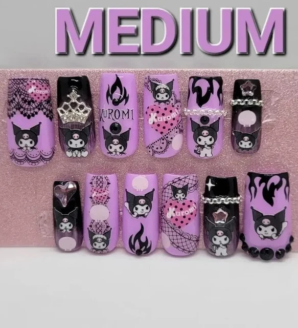 12 piezas Hechas a mano Kuromi Uñas Presson Púrpura Negro Ombre Encaje CUADRADO