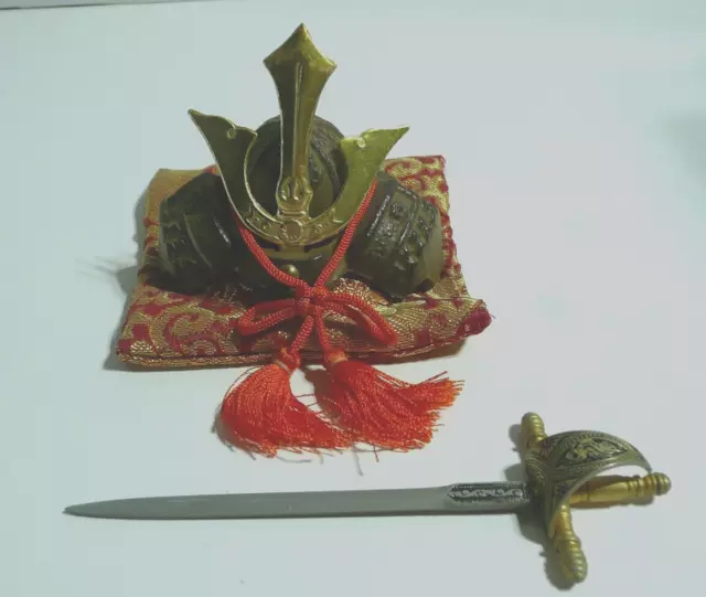 2 Small Replicas: Vintage Japanese Samurai Helmet Cast Iron Brass +Spanish Sword