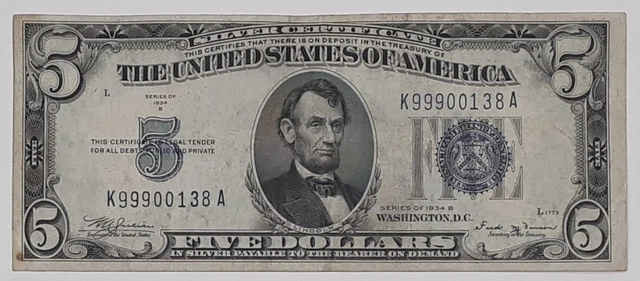 Series 1934-B $5 Silver Certificate K-A Block Fr. 1652 - VF w/Stains