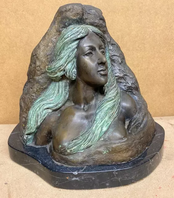 Art Nouveau Style Bronze Lady Bust - Signed V POCHINI - Solid Marble Base
