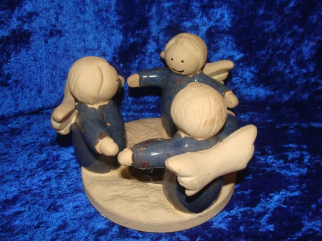 Three Clay Angels Holding Hands Pottery in a Circle Candle Holder 4”x5”Tea Light