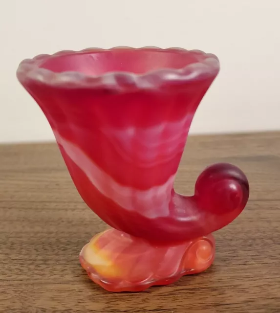 VTG Akro Agate Horn of Plenty Red White Slag Glass Toothpick Holder 3" Tall