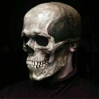 Full Head Latex Skull Face Mask Movable Jaw Helmet Halloween Party Prop Skeleton