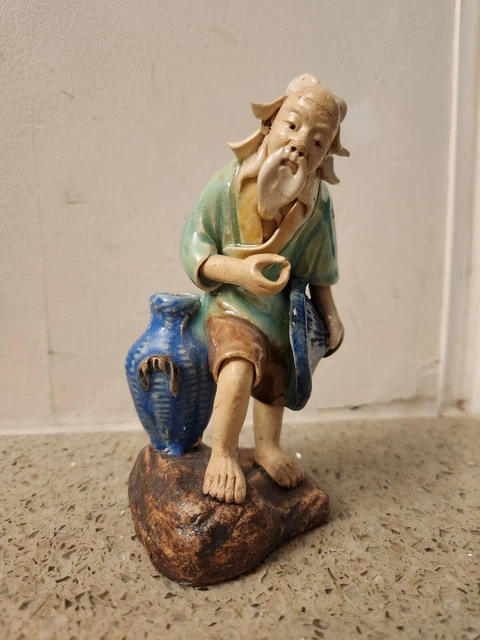VINTAGE CHINESE FIGURINE MUD MAN Fisherman with basket