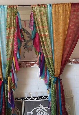 Indian Old Recycle Silk Saree Boho Multi Curtain Door Drape Decor 4Pc(2 Pair)