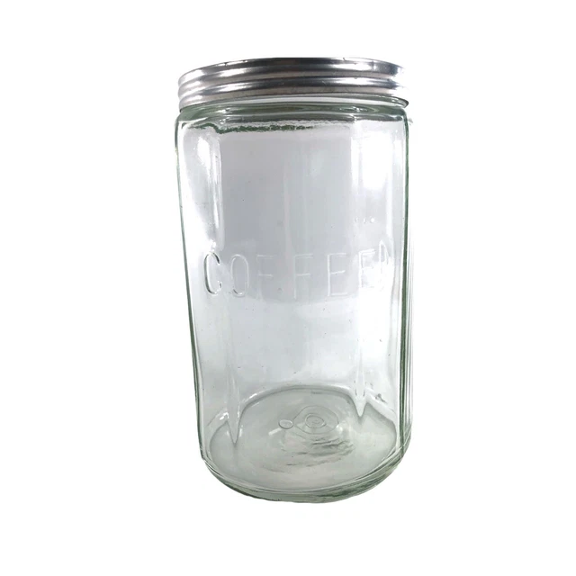 Vintage Embossed Glass Coffee Jar 7" With Aluminum Lid 12 Panel Glass Hoosier