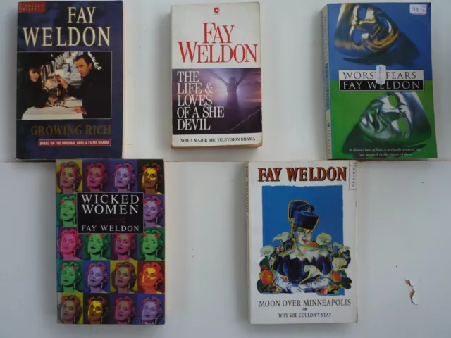 FAY WELDON - JOB LOT FIVE PAPERBACK BOOKS; 3 NOVELS and TWO SHORT STORIES