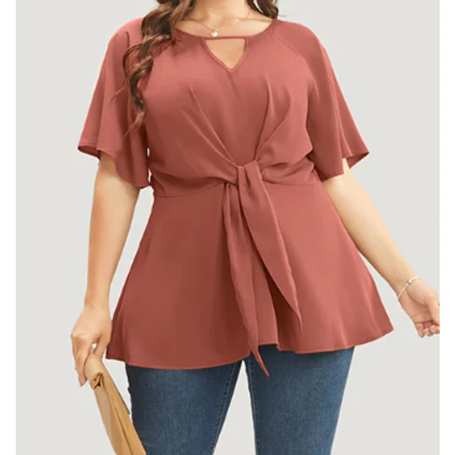 BLOOMCHIC Sz 28 5x coral keyhole  knotted front flutter sleeve top NWT B152