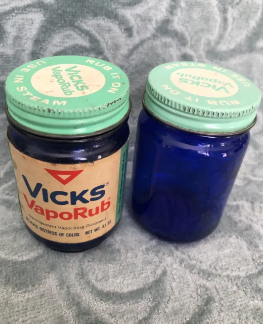 Lot of 2 VICKS VapoRub Vintage Cobalt Blue Glass Metal Cap 3.1 Oz - 1 jar is 30%