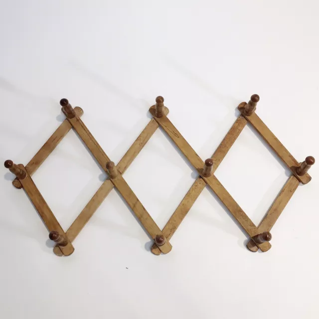 Vtg NEVCO 10 Peg Wooden Accordion Wall Rack Expandable Coat Hat Cup Farmhouse