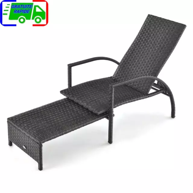 Chaise Longue en Rotin avec Pouf Rétractable Dossier Réglable à 5 Niveaux Accoud