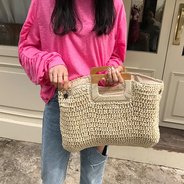 Women Straw Shoulder Bag Summer Beach Holiday Knitted Totes Handbags for Girls F 8