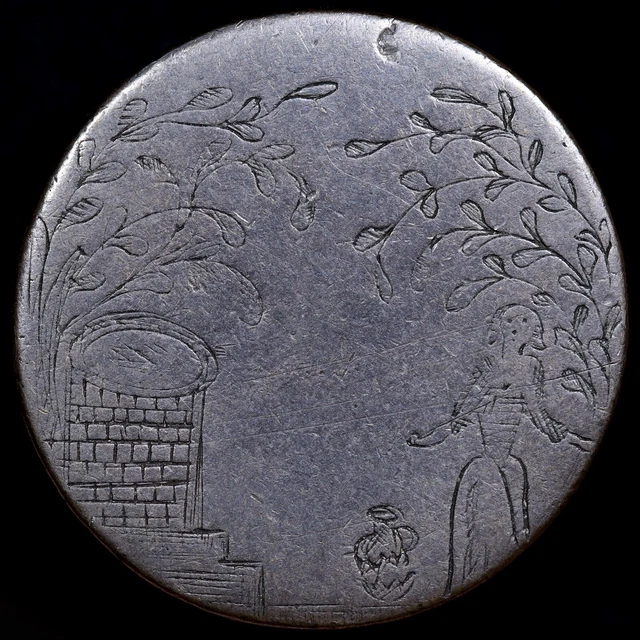 A Pretty Georgian Love Token, Engraved Halfpenny, 1749. Lady In A Garden. A Pretty Georgian Love Token, Engraved Halfpenny, 1749. Lady In A Garden.