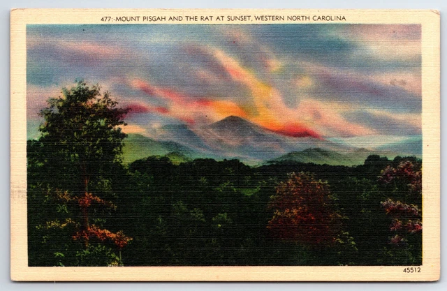 Postcard NC, MOUNT PISGAH & THE RAT AT SUNSET, Western NC, Linen c1940's   NC1