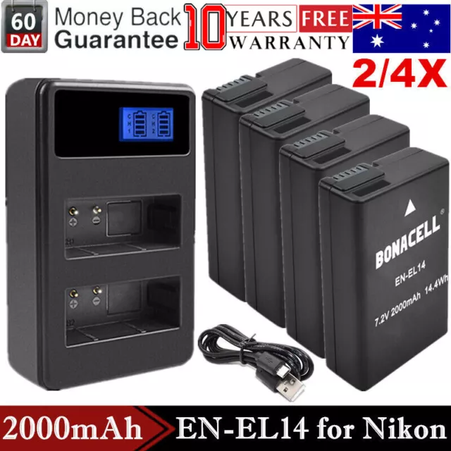 2/4x 2000mAh EN-EL14 Battery /USB Dual Charger for Nikon D5100 D3100 D3200 D3300