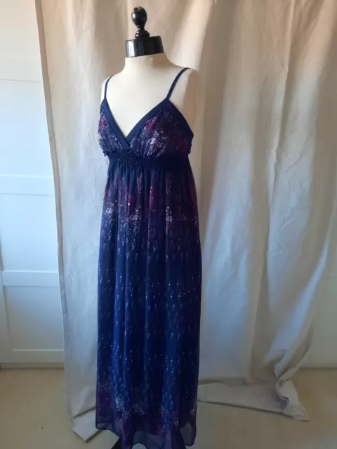 New Look Maxi Gypsy Dress 10 Purple Paisley V Neck Strappy Long Floaty Summer