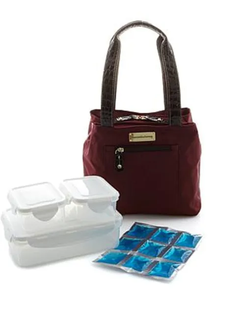 Samantha Brown Insolated Wired Cooler Lunch Tote Bag/Containers ~ Burgundy