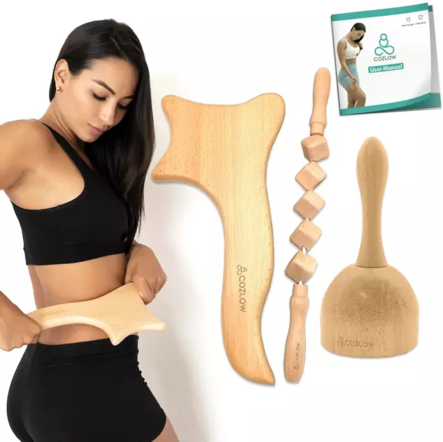COZLOW 3-in-1 Deluxe Wood Therapy Massage Tools Set | Maderoterapia Kit Wood The