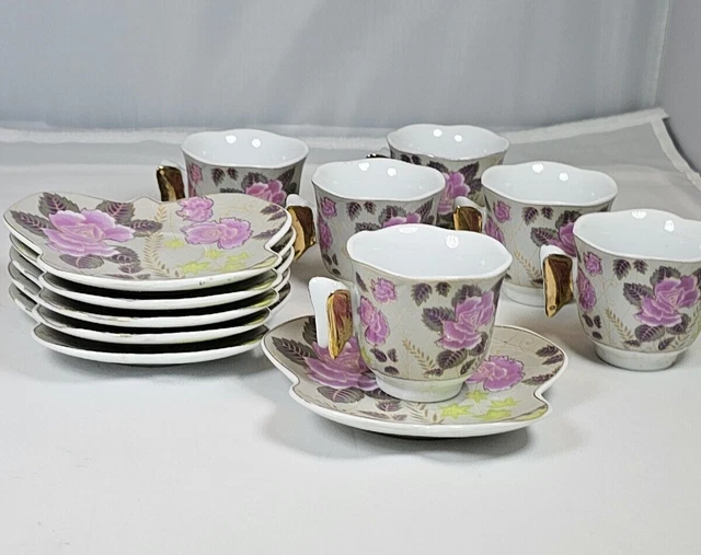 Demitasse tea cup & saucer set 12 piece butterfly handle purple flowers mini cup
