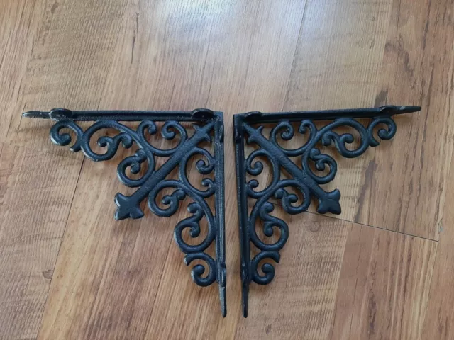 2 Large Farmhouse Shelf Braces Wall Brackets Cast Iron Metal Corbel vtg style