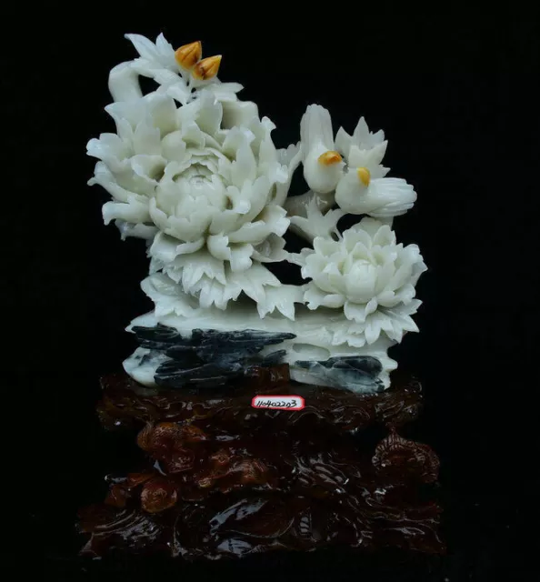 16.4 "Natürliche Xiu Jade Carving Pfingstrose Blume Vogel Schmetterling Statue