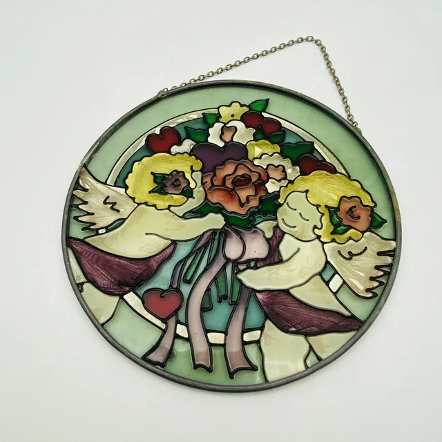 6.5”x6.5” Antique Stained Glass Window, Sun catcher, 2 Flying Shrubs With Flower