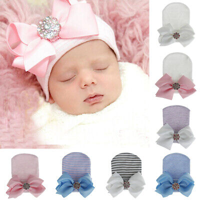 Newborn Baby Girls Infant Striped Soft Hat w/ Bow Cap Hospital Beanie Headband.
