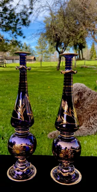 12”Two Beautiful Bohemian style Purple & Gold Art Glass Vase
