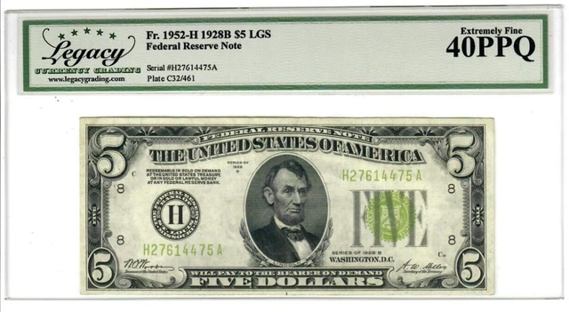 1928B $5 FRN St. Louis Light Green Seal Fr. 1952-Hlgs XF-40 PPQ