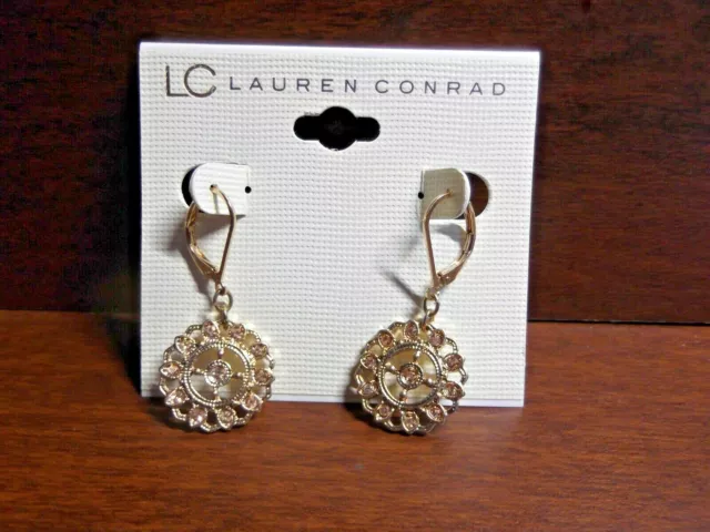 LC Lauren Conrad Gold Tone Peach Rhinestone Dangle Earrings NEW