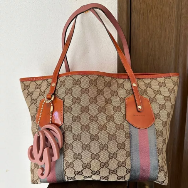 Authentic GUCCI GG Canvas Tote Bag Handbag Leather Brown Ladies GG Pattern