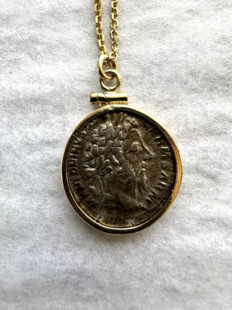 Antique Roman Emperor Marcus Aurelius Coin Pendant & Chain Set in 14k Gold