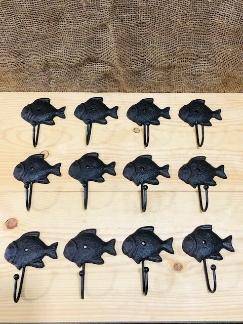12 Cast Iron Fish Coat Hooks Towel Bath Nautical Hat Hall Tree Fishing Rustic
