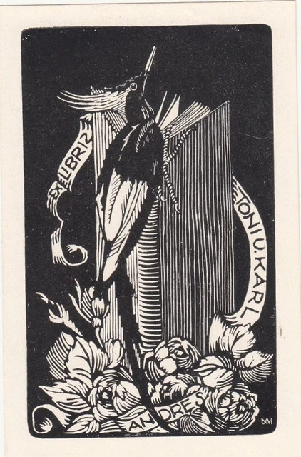 Exlibris Bookplate Woodcut Anna Mackova 1887-1969 Hoopoe Flowers