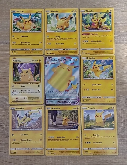 Set of 9 different Pikachu pokemon cards all genuine some vintage some new shiny