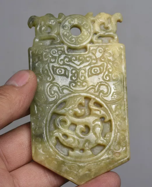 9.5CM Ancient China Old Jade Carved Dragon Beast token "Pei " Amulet Pendant