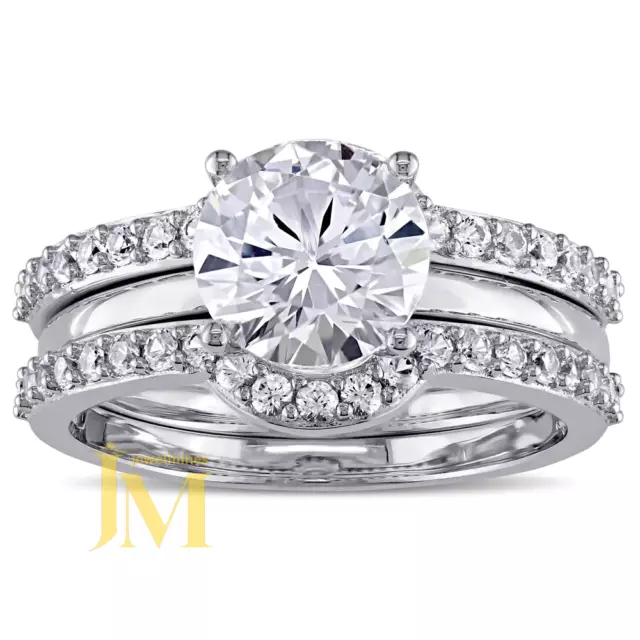 Solid 14K White Gold Moissanite Trio Set Engagement Ring 2.50 Ct  Round Cut VVS1