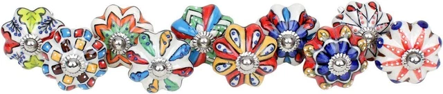 Hand Painted Lot Of 10 Pc Colorful Ceramic Cabinet Knobs Pulls Drawer Door