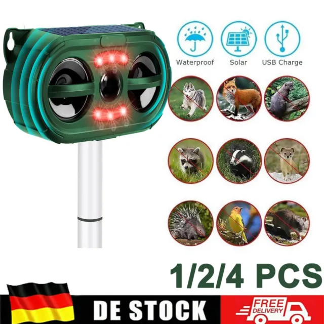Solar Powered Ultrasonic Animal Repeller Outdoor Bird Cat Dog Sound Repellent DE 3