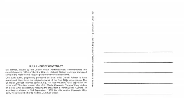 Jersey First Day Cover Postcard; June 1984; RNLI Jersey Centenary FDC