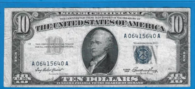 1953 $10 Silver Certificate Note,Blue Seal,Circ VF,Nice!
