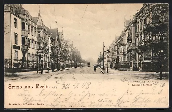 AK Berlin-Tiergarten, Litfaßsäule und Strassenbahn in der Lessingstraße, Hansav