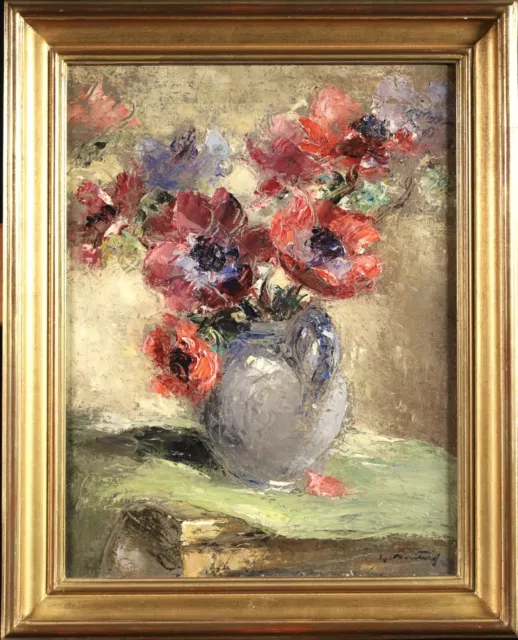 c. 1920 INDISTINCTLY SIGNED FRENCH OIL ON CANVAS - FLOWERS IN A VASE ON TABLE