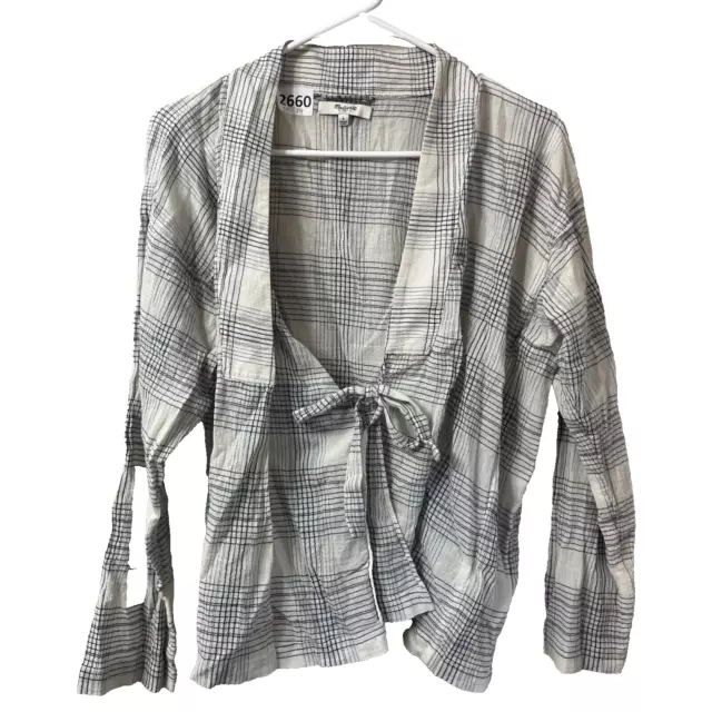 Madewell Womens White Black Wrap Blouse Small Plaid Cotton Long Sleeve Tie Top