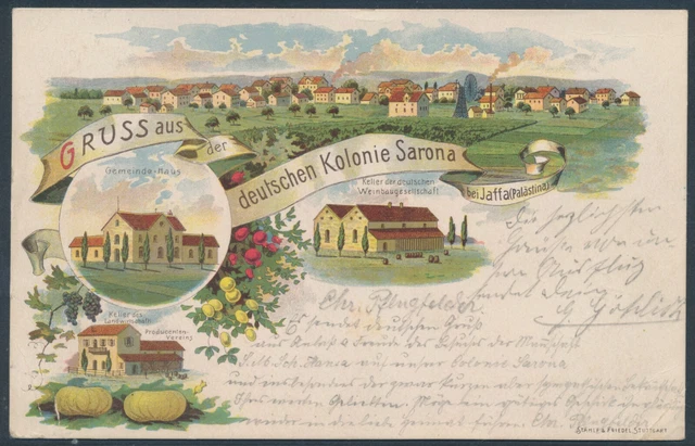 DP Türkei Germania EF Litho-AK Gruss Kolonie Sarona 1909 Kiel Attest (S21894)