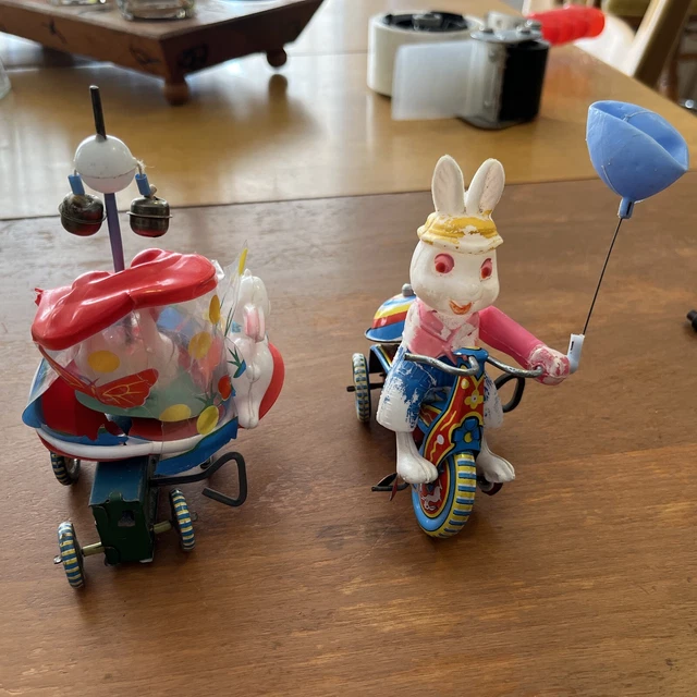 MADE IN JAPAN Bunny On Tricycle And Carousel Wind Up Plastic And Tin