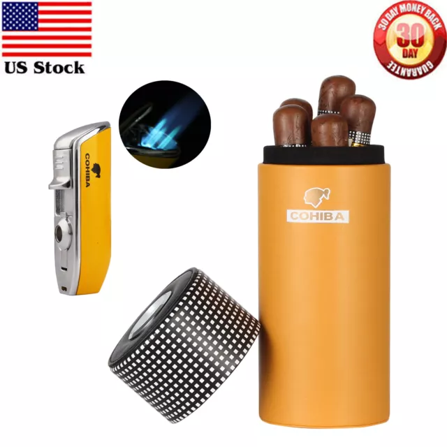 COHIBA 3 Torch Jet Flame Butane Cigar Lighter Travel Cigar Tube Humidor Case