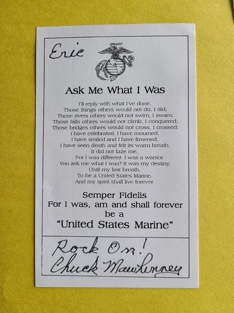Charles Mawhinney Vietnam USMC Sniper 103 Kills Signed 3.5 x 6.5 inch Insc. Eric